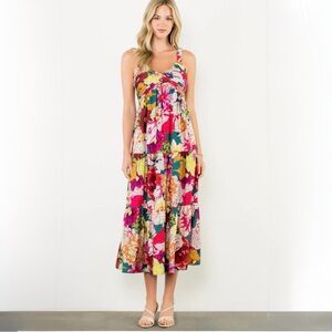 🌸 THML Ruched Strap Floral Midi Dress Tiered Boho Summer Large EUC